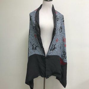 Asian print Silk gray black red embroidered long scarf shawl pockets one size